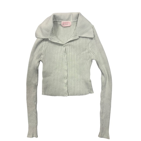 Urban Outfitters Skylar S Mint Green Ribbed Collared Button Up Cropped Sweater - Picture 2 of 10